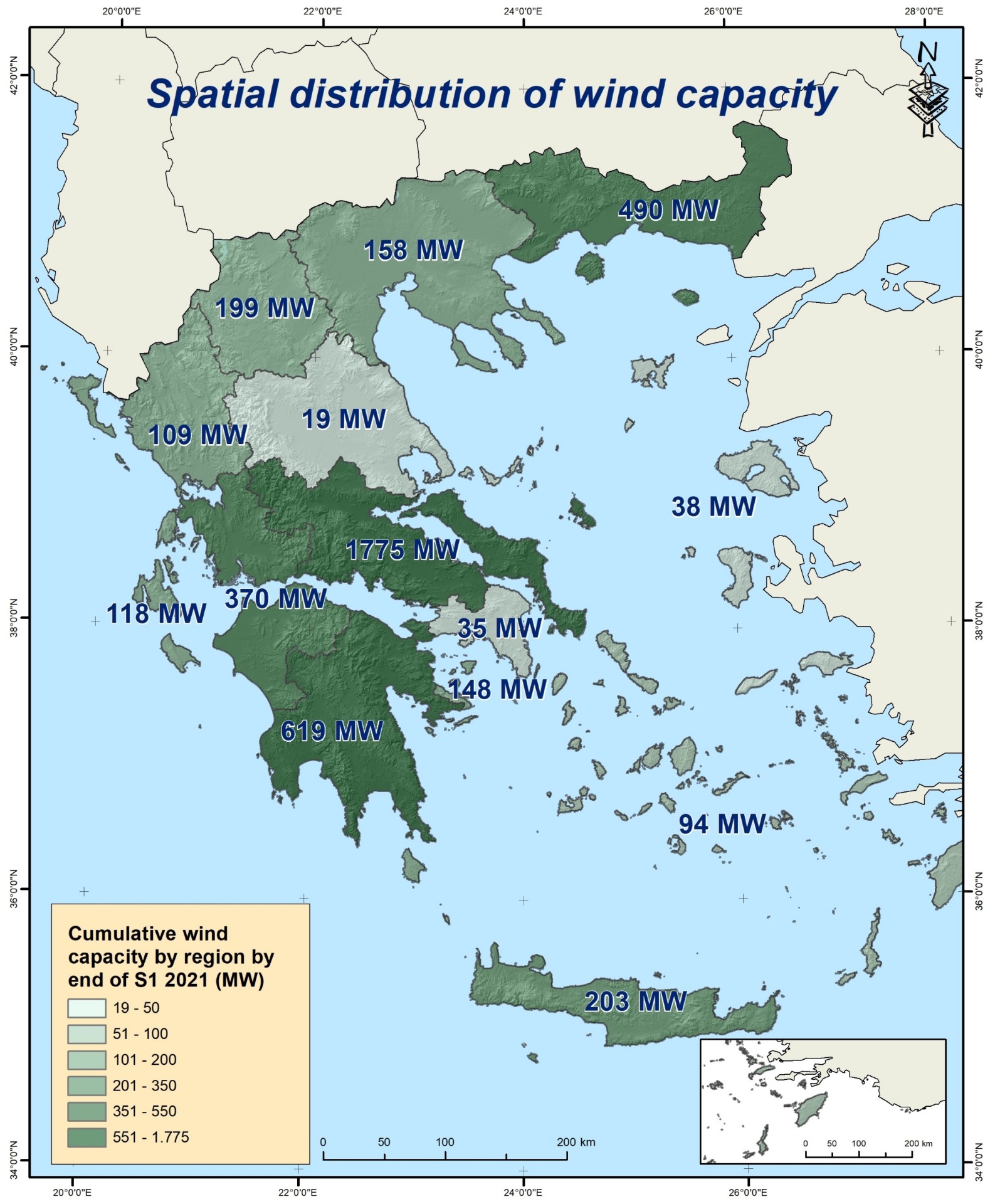 Χάρτης κατανομής της παραγωγής αιολικής ενέργειας στη χώρα
